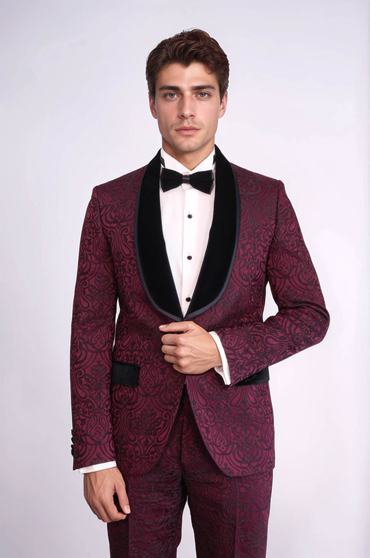Men's Burgundy Damask 2-Piece Tuxedo with Black Velvet Shawl Collar