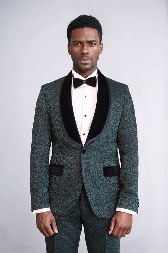 Men's Emerald Green Damask 2-Piece Tuxedo with Black Velvet Shawl Collar