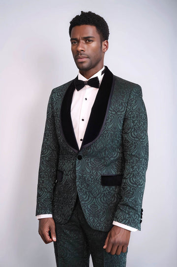 Men's Emerald Green Damask 2-Piece Tuxedo with Black Velvet Shawl Collar