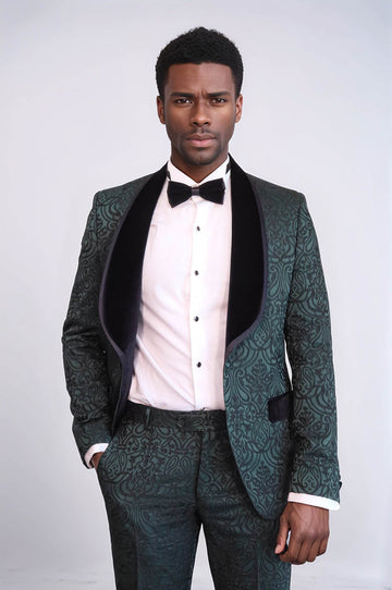 Men's Emerald Green Damask 2-Piece Tuxedo with Black Velvet Shawl Collar