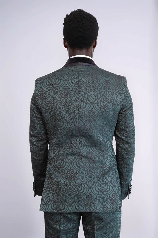 Men's Emerald Green Damask 2-Piece Tuxedo with Black Velvet Shawl Collar