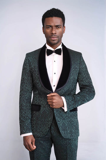 Men's Emerald Green Damask 2-Piece Tuxedo with Black Velvet Shawl Collar