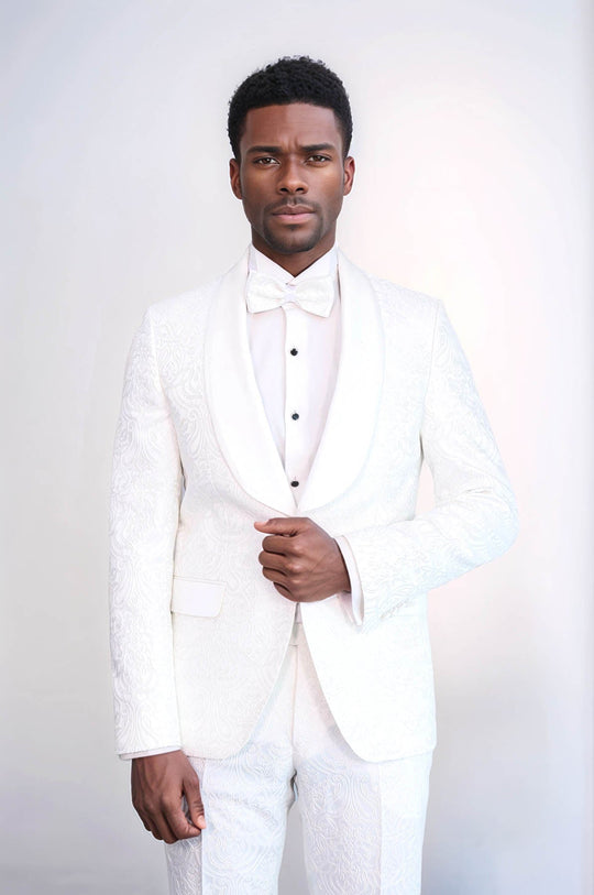 Men's White Damask 2-Piece Tuxedo with Velvet Shawl Collar