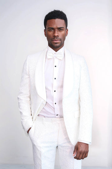Men's White Damask 2-Piece Tuxedo with Velvet Shawl Collar