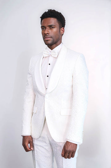 Men's White Damask 2-Piece Tuxedo with Velvet Shawl Collar
