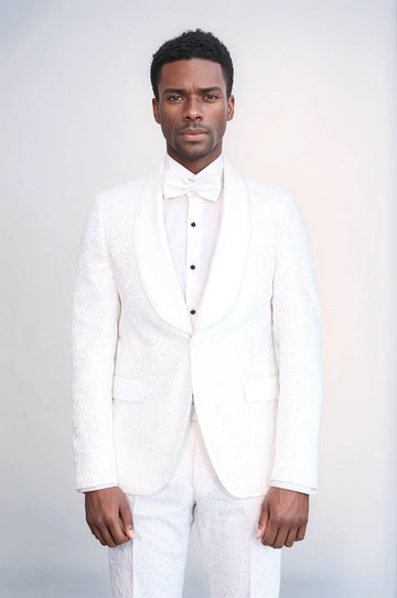 Men's White Damask 2-Piece Tuxedo with Velvet Shawl Collar