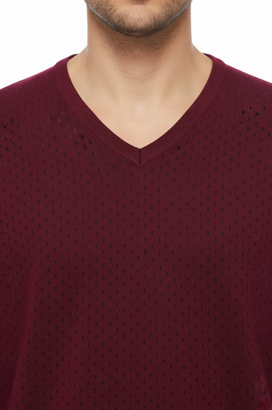 Burgundy Slim Fit Dot Patterned V-Neck Sweater – Wessi