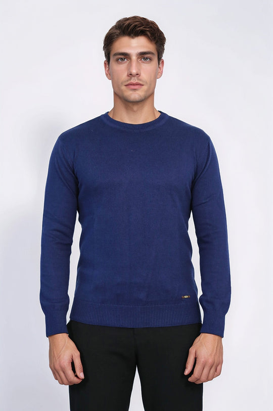 Navy Blue Slim Fit Plain Crew Neck Sweater – Wessi