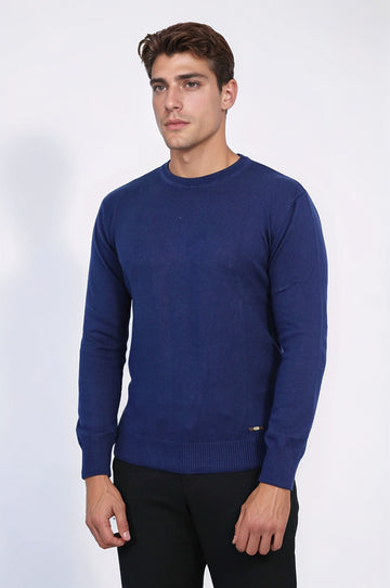 Navy Blue Slim Fit Plain Crew Neck Sweater – Wessi