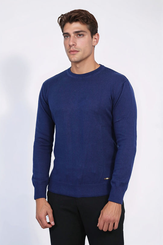 Navy Blue Slim Fit Plain Crew Neck Sweater – Wessi