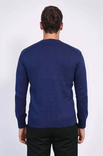 Navy Blue Slim Fit Plain Crew Neck Sweater – Wessi