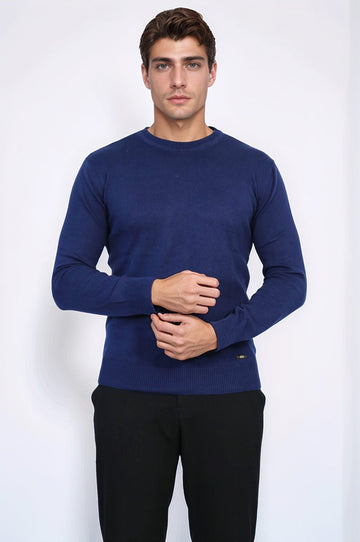 Navy Blue Slim Fit Plain Crew Neck Sweater – Wessi
