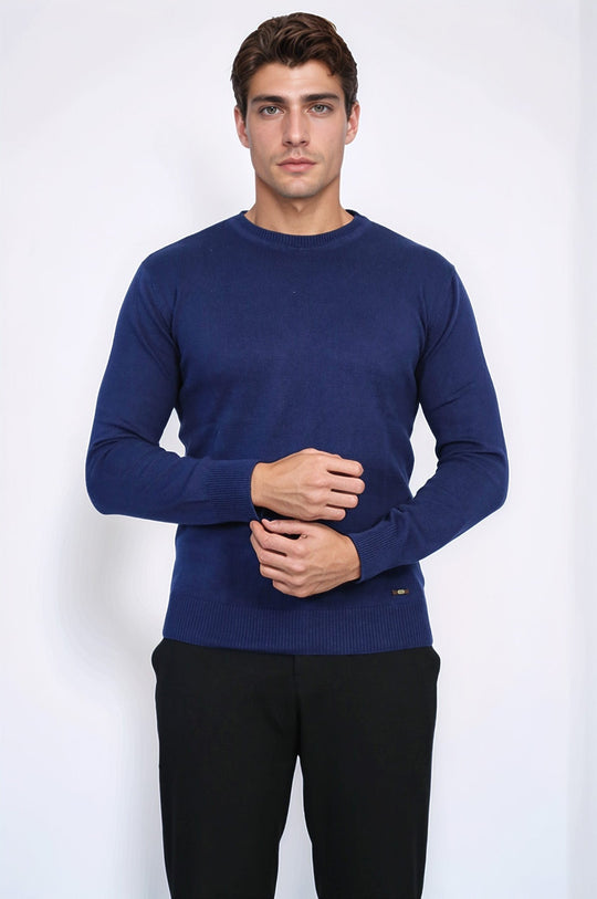 Navy Blue Slim Fit Plain Crew Neck Sweater – Wessi