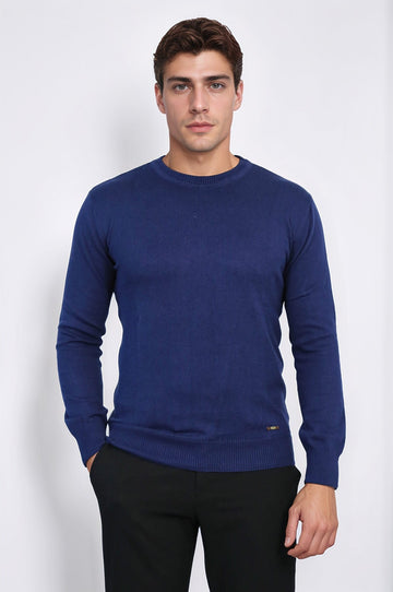 Navy Blue Slim Fit Plain Crew Neck Sweater – Wessi