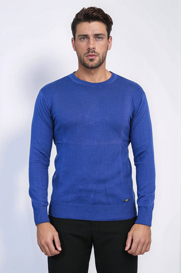 Indigo Slim Fit Round Neck Cotton Knit Jumper – Wessi