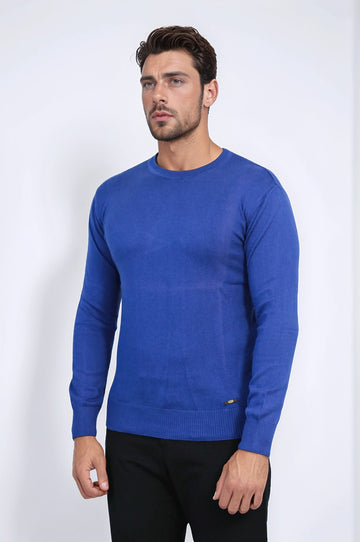 Indigo Slim Fit Round Neck Cotton Knit Jumper – Wessi
