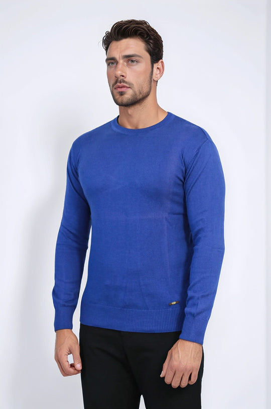 Indigo Slim Fit Round Neck Cotton Knit Jumper – Wessi