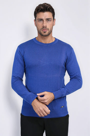 Indigo Slim Fit Round Neck Cotton Knit Jumper – Wessi