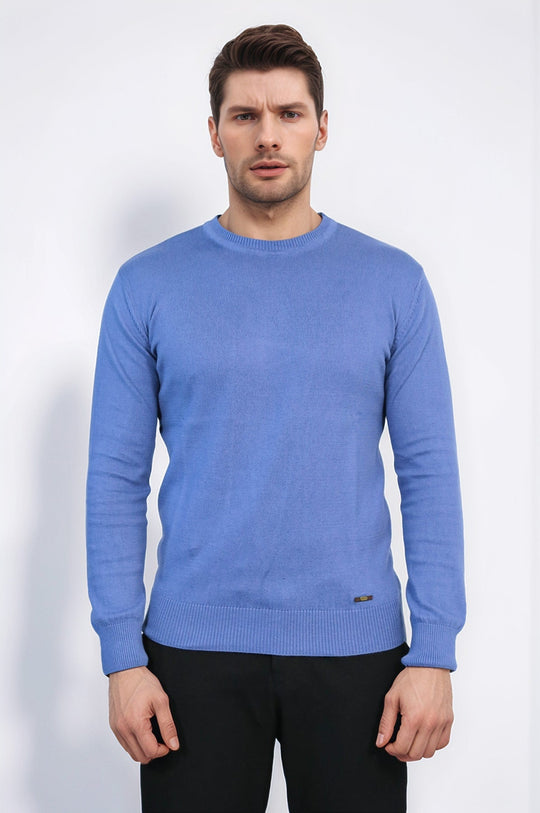Blue Crew Neck Slim Fit Cotton Jumper – Wessi