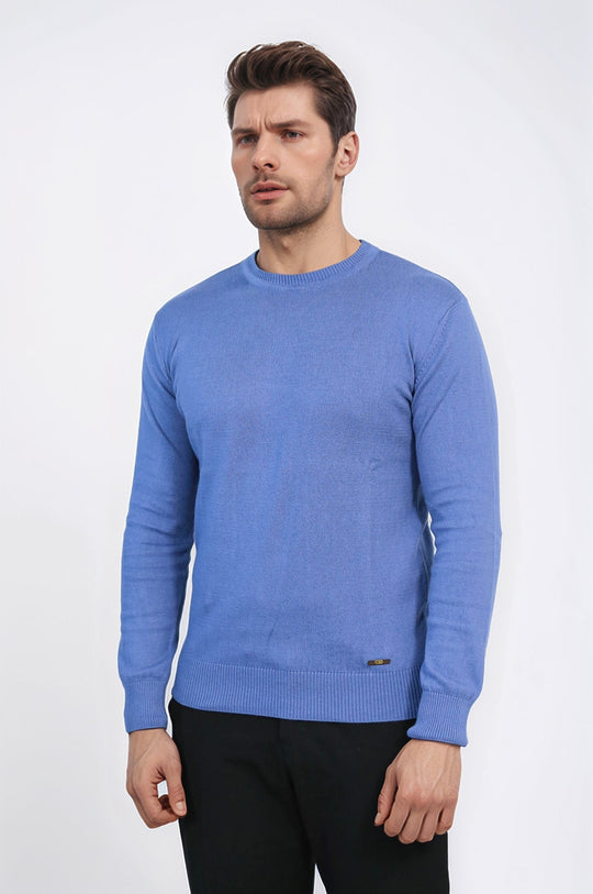 Blue Crew Neck Slim Fit Cotton Jumper – Wessi