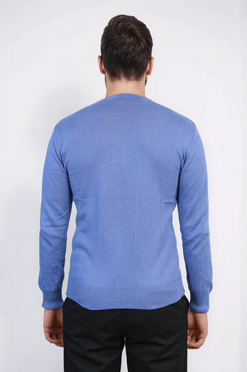 Blue Crew Neck Slim Fit Cotton Jumper – Wessi