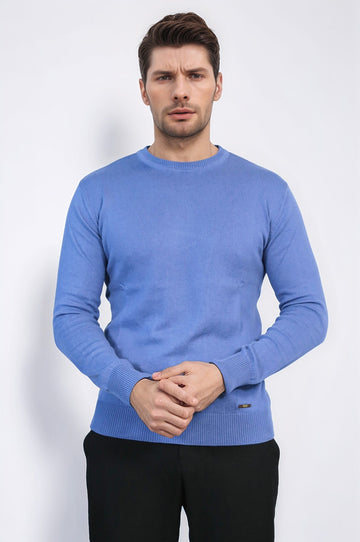 Blue Crew Neck Slim Fit Cotton Jumper – Wessi