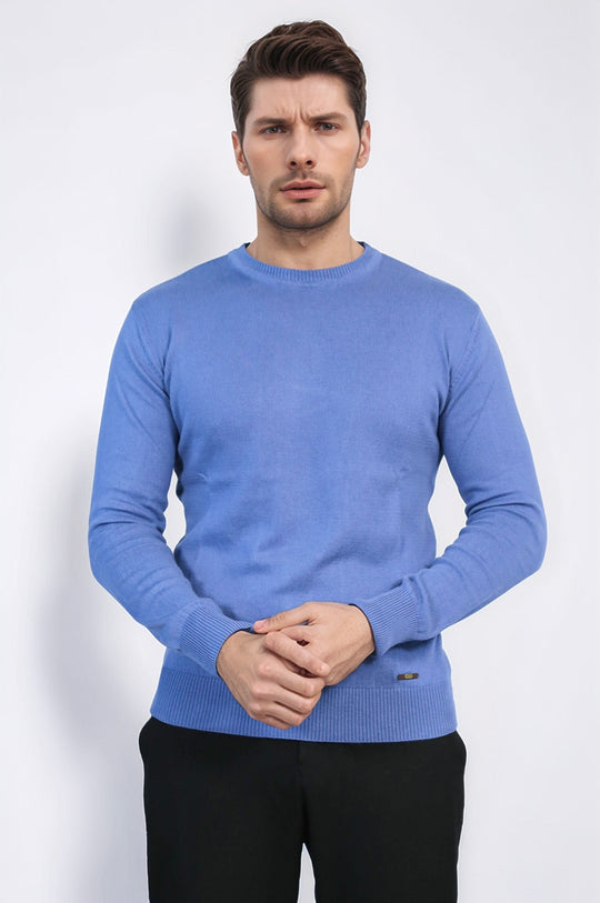 Blue Crew Neck Slim Fit Cotton Jumper – Wessi