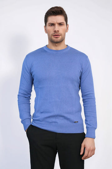 Blue Crew Neck Slim Fit Cotton Jumper – Wessi