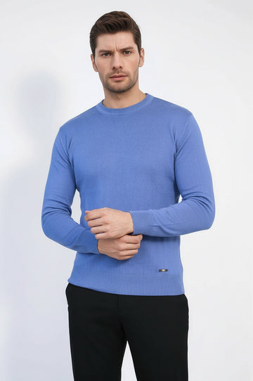 Blue Crew Neck Slim Fit Cotton Jumper – Wessi