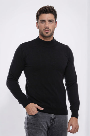 Black Slim Fit Half Turtleneck Plain Knit Sweater | Wessi