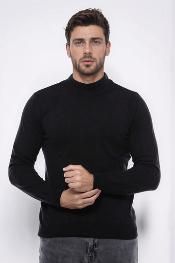 Black Slim Fit Half Turtleneck Plain Knit Sweater | Wessi