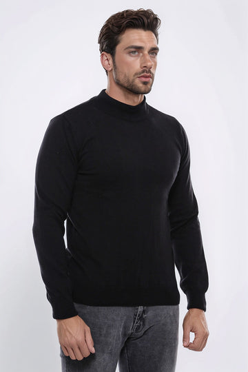 Black Slim Fit Half Turtleneck Plain Knit Sweater | Wessi