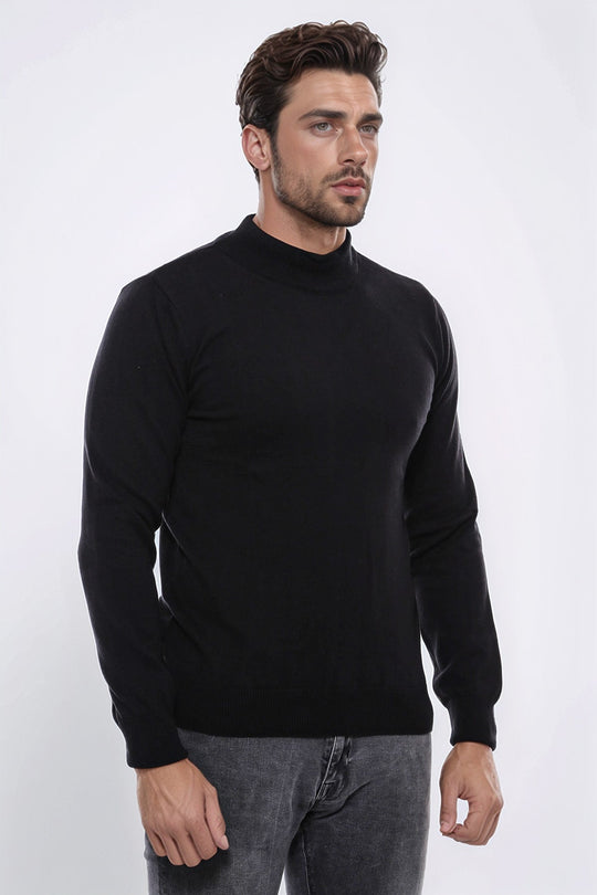 Black Slim Fit Half Turtleneck Plain Knit Sweater | Wessi