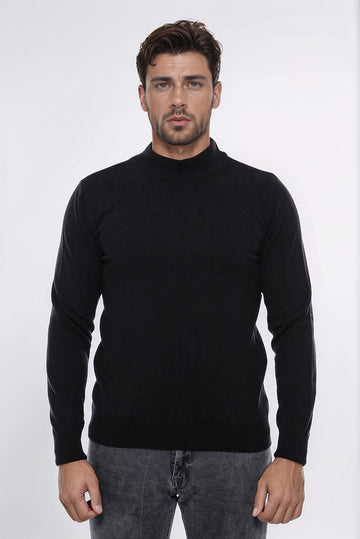 Black Slim Fit Half Turtleneck Plain Knit Sweater | Wessi