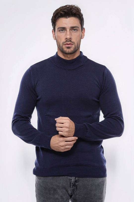 Navy Blue Slim Fit Half Turtleneck Plain Knit Sweater | Wessi