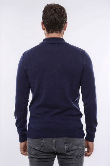 Navy Blue Slim Fit Half Turtleneck Plain Knit Sweater | Wessi