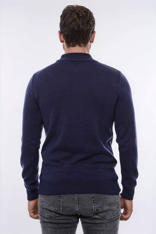 Navy Blue Slim Fit Half Turtleneck Plain Knit Sweater | Wessi