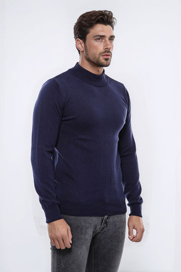 Navy Blue Slim Fit Half Turtleneck Plain Knit Sweater | Wessi