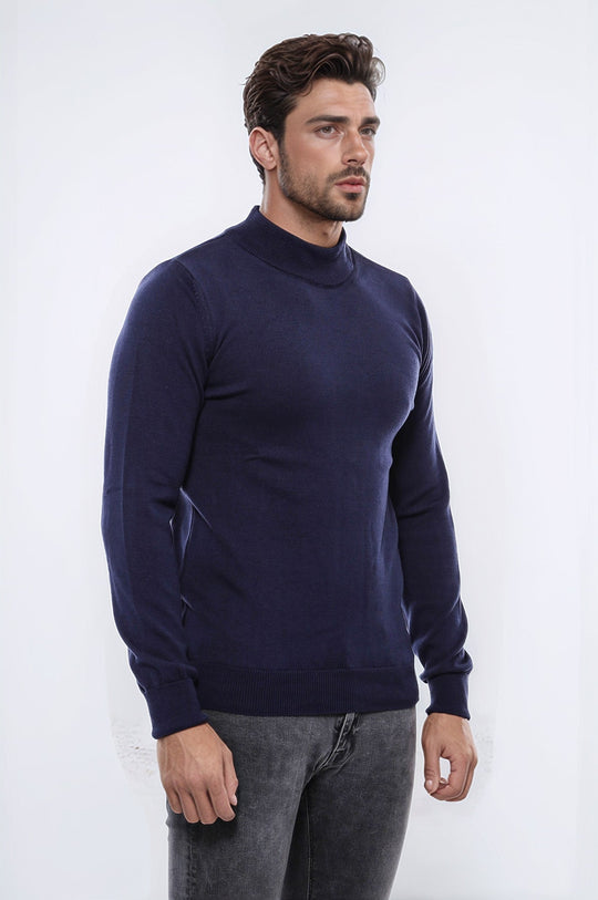 Navy Blue Slim Fit Half Turtleneck Plain Knit Sweater | Wessi