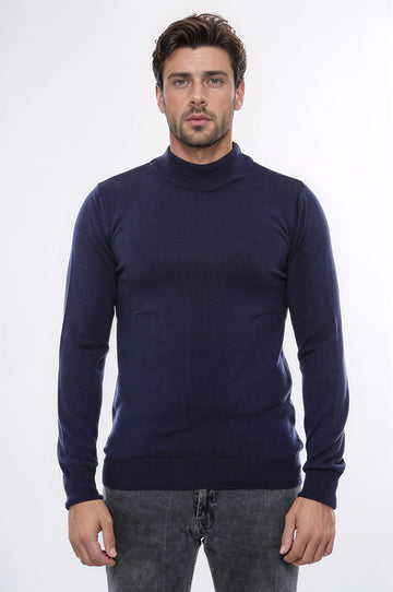 Navy Blue Slim Fit Half Turtleneck Plain Knit Sweater | Wessi