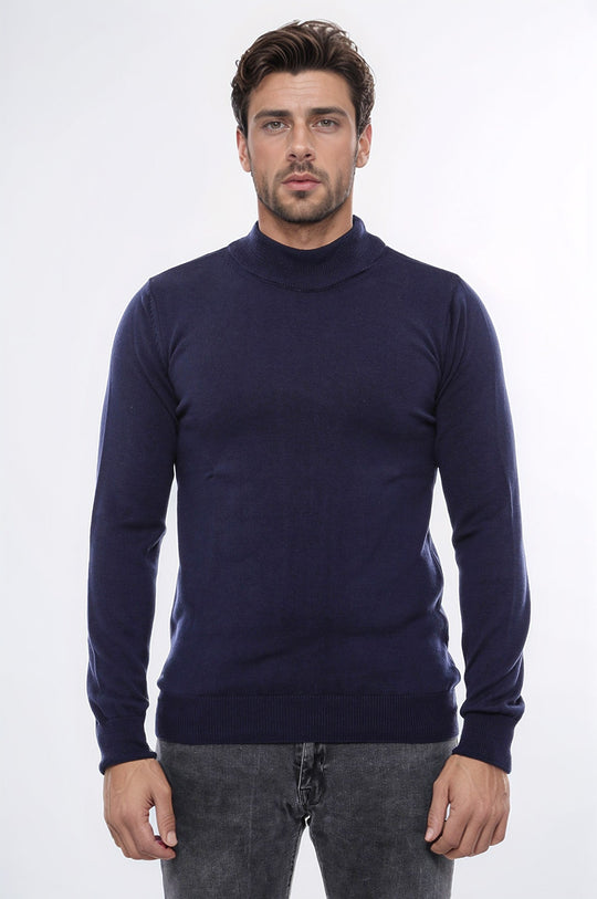 Navy Blue Slim Fit Half Turtleneck Plain Knit Sweater | Wessi