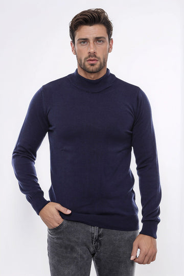 Navy Blue Slim Fit Half Turtleneck Plain Knit Sweater | Wessi
