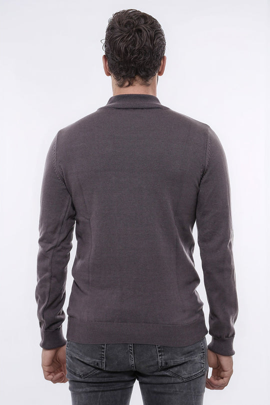Anthracite Grey Slim Fit Half Turtleneck Plain Knit Sweater | Wessi