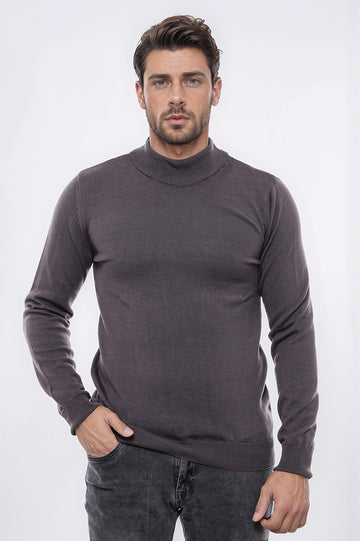 Anthracite Grey Slim Fit Half Turtleneck Plain Knit Sweater | Wessi