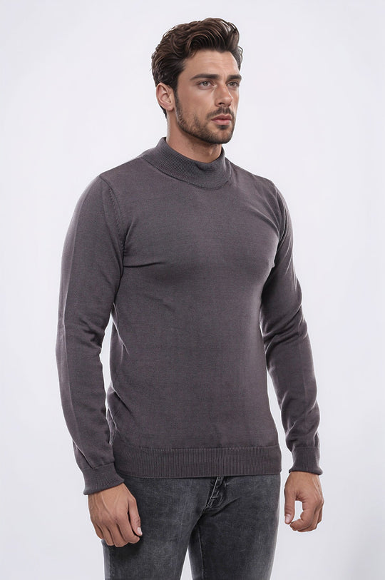 Anthracite Grey Slim Fit Half Turtleneck Plain Knit Sweater | Wessi