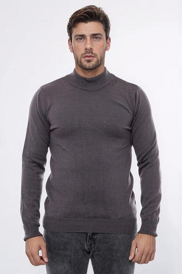 Anthracite Grey Slim Fit Half Turtleneck Plain Knit Sweater | Wessi