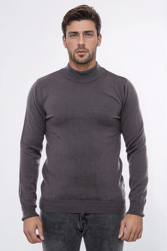 Anthracite Grey Slim Fit Half Turtleneck Plain Knit Sweater | Wessi