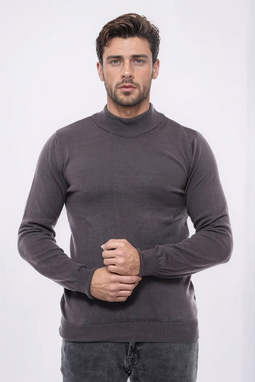 Anthracite Grey Slim Fit Half Turtleneck Plain Knit Sweater | Wessi
