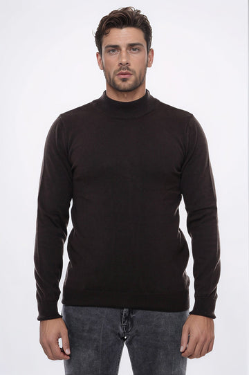 Brown Slim Fit Half Turtleneck Plain Knit Sweater | Wessi