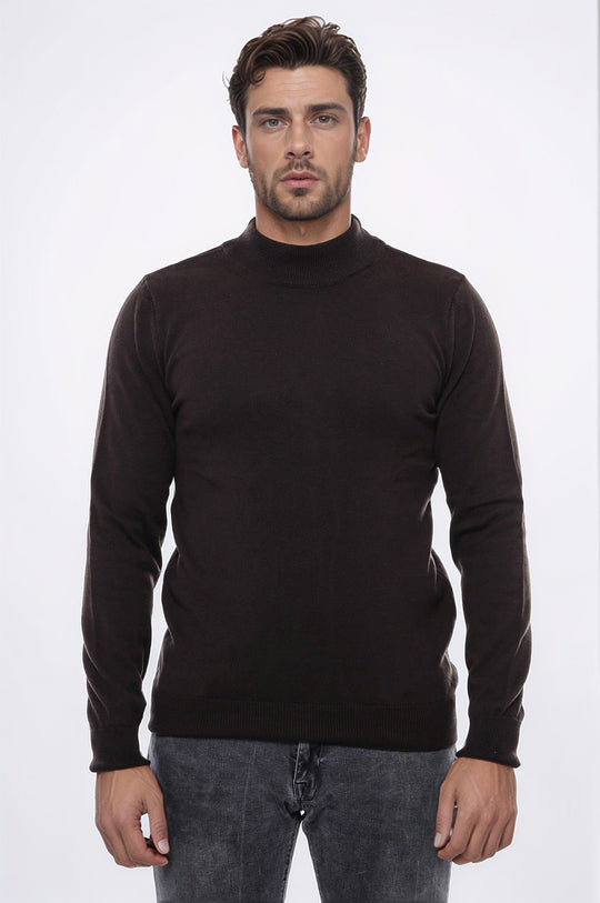 Brown Slim Fit Half Turtleneck Plain Knit Sweater | Wessi